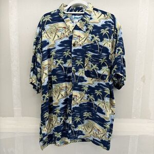 Vintage Utility Mens XL Hawaiian Camp Shirt Beach Scene Palm Trees Family Picnic